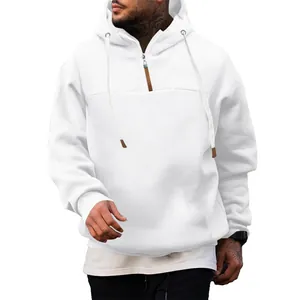 Detail showing the quarter-zip and hood design of this white men's fleece hoodie