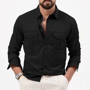 Close-up view of a black men's utility shirt featuring double chest pockets and lapel
