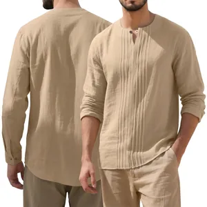 Men's Casual Linen Henley Shirt Long Sleeve Loose Fit Pullover Top with Front Pleats Solid Color Summer Beach Vacation Shirt
