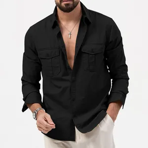 Detailed view of a black men's long-sleeve utility shirt with two chest flap pockets