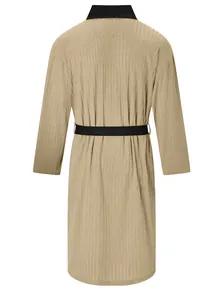 Back view of khaki corduroy texture bathrobe with black collar and belt detail