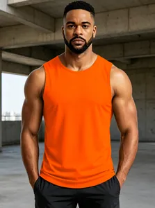 Front view of a muscular model wearing a vibrant orange breathable quick-dry fitness tank top.