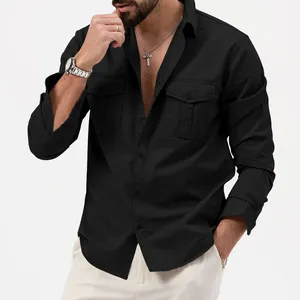 Front view of black men's long-sleeved utility shirt with double flap chest pockets