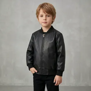 Fashionable boys' black PU leather bomber jacket with stand collar and zipper closure