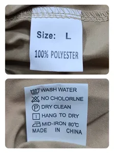 Close-up of garment care label showing 100% polyester material and size L info