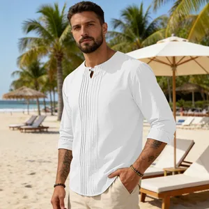 Men's white cotton linen long sleeve shirt with pleated front and henley collar style