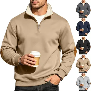 Detailed view of men's vintage half-zip fleece-lined sweatshirt in khaki and more colors