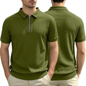 Front and back view of men's olive green vertical stripe half-zip knit Polo shirt