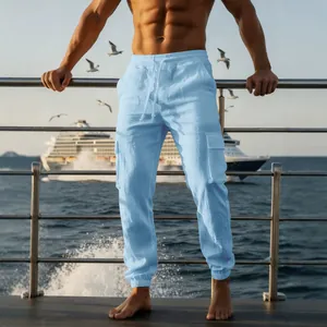 Breathable light blue men's linen cargo pants with drawstring and side pockets