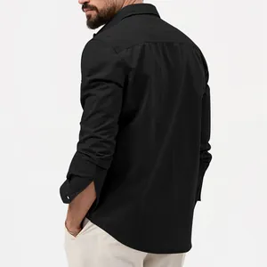 Detailed back and side view of a men's black long-sleeved casual work shirt with lapel