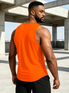 Back view of men's breathable orange gym vest showing premium fabric texture and fit.