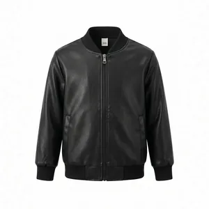 Stylish black PU leather bomber jacket for boys featuring ribbed cuffs and zipper closure