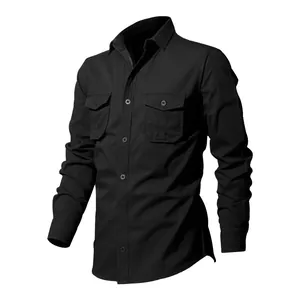 Ghost mannequin view of a black tactical cotton work shirt with dual chest pockets