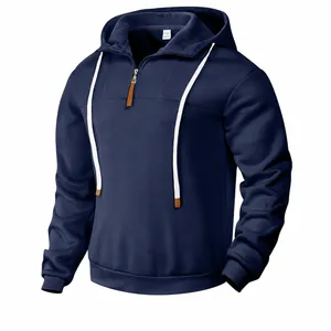 Men Casual Polyester Hooded Sweatshirt Fleece Lined Half Zip Pullover Solid Color Long Sleeve Athletic Top For Men