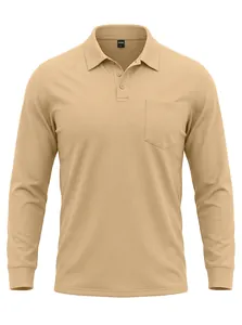 Detailansicht des khakifarbenen langärmligen Mesh-Poloshirts mit Brusttasche und Knopfleiste