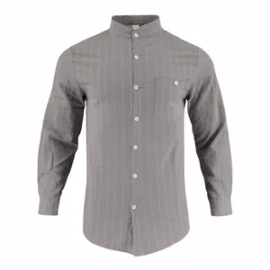 Classic gray pinstriped men's linen shirt featuring long sleeves and a stylish mandarin collar