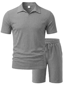 Close-up of men's gray ribbed knit Polo shirt and matching shorts set