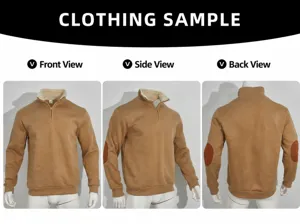 Vue triple du sweat-shirt homme kaki à demi-zip avec col sherpa et coudières contrastées