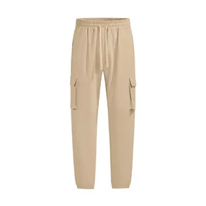 Men's breathable linen cargo pants with drawstring waist and pockets in beige