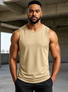 Detailed view of men's high-performance breathable quick-dry fitness tank top in tan color