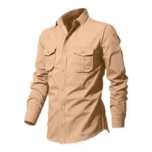 Khaki long-sleeve men's work shirt with buttoned chest pockets and lapel collar.