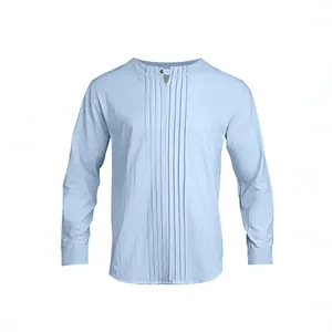 Light blue men's cotton linen long sleeve shirt with pleated front and round neck design.