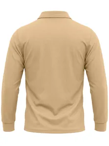 Rückansicht eines khakifarbenen langärmligen Piqué-Poloshirts für Herren in lockerer Passform.