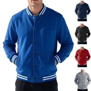Men's casual varsity baseball jacket with striped ribbed trim available in multiple colors