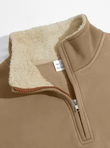 Close-up of men's vintage half-zip sweatshirt with warm sherpa-lined stand collar