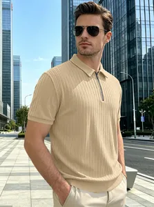 Stylish men's beige vertical striped jacquard knit polo shirt with a half-zip neckline