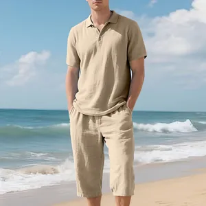 Men's loose summer breathable linen Polo shirt and cropped pants beach set in khaki