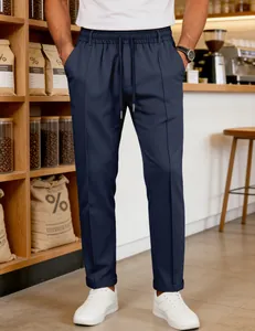 Detail of navy blue men's casual pants with elastic drawstring waist and straight fit