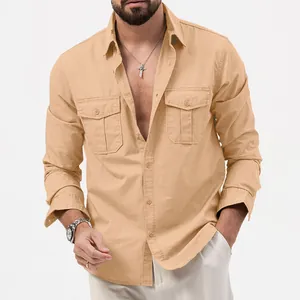Men's khaki long sleeve cargo shirt with double chest pockets and lapel collar