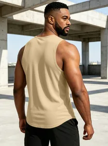 Macro view showing the breathable mesh fabric of the men's khaki athletic gym tank top