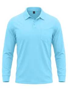 Detailansicht eines hellblauen Langarm-Poloshirts mit Kragen, Tasche und Mesh-Gewebe.