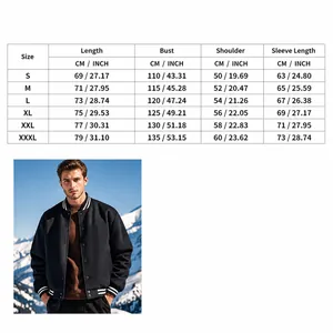 Size chart guide for men's American style standing collar varsity baseball jacket