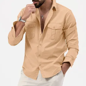 Detail view of khaki men's casual work shirt showing chest pockets and buttoned front
