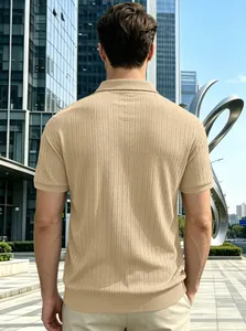 Back view detail of a beige men's vertical stripe jacquard knitted Polo shirt