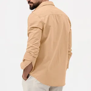 Detailed back view of khaki men's long-sleeved work shirt with casual loose fit fabric texture