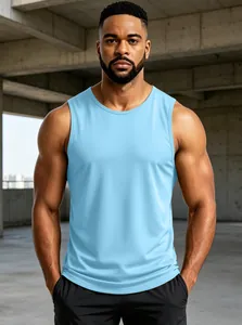 Light blue men's breathable mesh athletic tank top for gym training and fitness