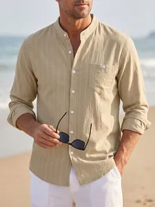 Close-up of casual striped linen shirt for men featuring a stylish stand collar
