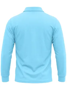 Rückansicht eines hellblauen Herren-Polohemds mit langen Ärmeln aus Piqué-Mesh-Gewebe