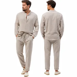 Heren Casual Tweedelig Set Henley Shirt Lange Mouwen En Broek Met Trekkoord Effen Kleur Polyester Ademend Homewear Pak