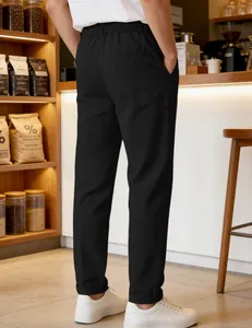 Detailed rear view of men's loose fit black casual straight leg sports trousers for daily wear