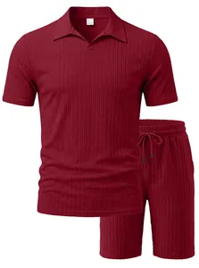 Detailed view of men's burgundy ribbed knit polo shirt and matching shorts set