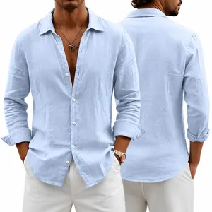 Men Casual Smart Linen Blend Long Sleeve Shirt Turn-down Collar Solid Color Loose Fit Woven Breathable Top For Vacation Work