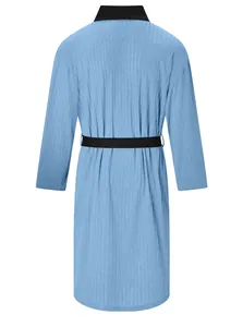 Back view detail of soft blue jacquard bathrobe featuring a contrast black collar and belt.