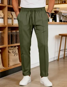 Olive green men's trousers featuring a drawstring elastic waist and stylish folded hem