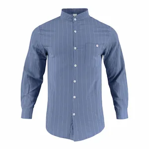 Detailed view of a blue striped linen shirt with a mandarin collar for men.