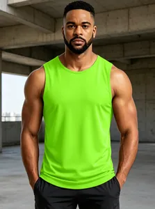 Detail of neon green men's athletic tank top in breathable quick-dry mesh fabric.